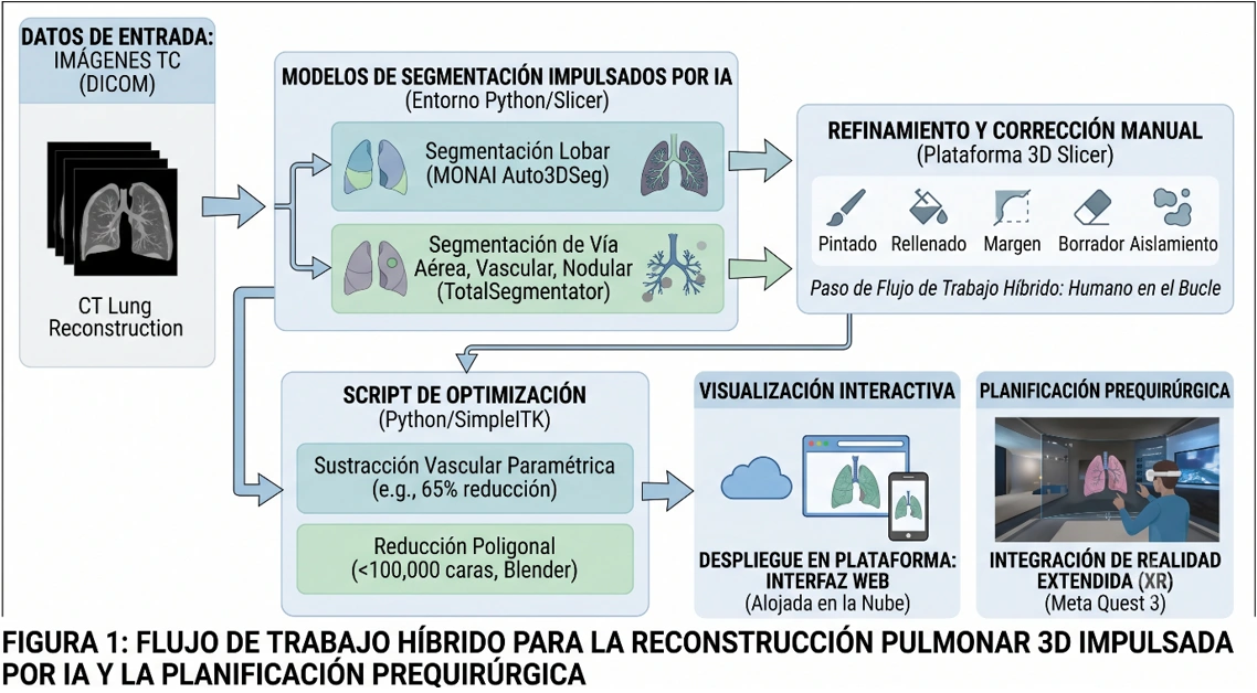 Esquema del informe: imágenes DICOM, segmentación por inteligencia artificial, corrección manual, optimización y visualización interactiva
